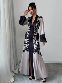 Rafferiza New Women's European And American Style Fitted Waist Long Lantern Sleeve V-Neck Color Block Print Dress Fall Cloth For Women - Apricot - View 5