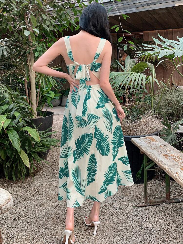 Women V-Neck Sleeveless Tropical Leaf Print Tie-Up Waist Midi Dress,Milkmaid Dress Sundress Boho