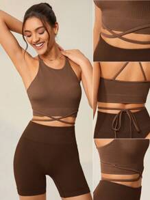 Seamluxe SHEIN Sport Women's Solid Color Round Neck Sleeveless Slim Fit Yoga Ribbed Sports Tank Top