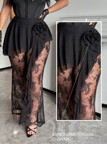 Flirla Women Plus Size Elegant 3D Flower Sheer Ruffle Detail Palazzo Pants Fall Cloth For Women - Black - View 4