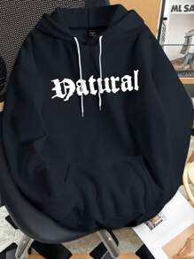 Manfinity Hypemode Loose Fit Men's Slogan Graphic Drop Shoulder Drawstring Hoodie - Navy Blue - View 2