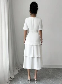 Elenzga Minimalistische effenkleurige jurk met strikversiering en taartzoom voor dames