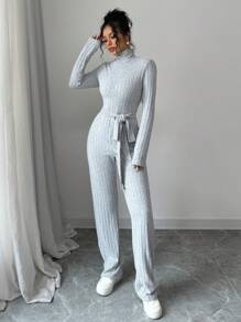 SHEIN LUNE Women's Solid Color Turtleneck Long Sleeve Drawstring Simple Casual Knitted Jumpsuit