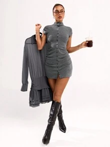 SHEIN BAE Vestido casual con botones de manga corta, slim, de un solo pecho, con cuello alto, plisado a los lados, de unicolor, para uso en oficina y primavera - Gris Claro - Ver 4