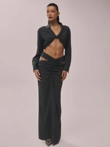 MUSERA Linen Look Cut Out Ruched Maxi Skirt Elegant Summer Vacation Classy - Grey - View 1