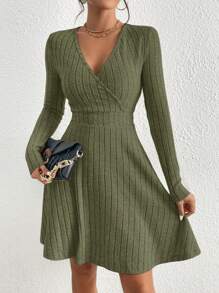 SHEIN Essnce Casual Solid Ribbed Knit Long Sleeve Dress, Autumn - Army Green - View 5