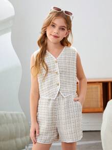 SHEIN Leap Crew Tween Girls Fashionable Front Button Sleeveless Top And Straight Leg Shorts Set - White - View 6