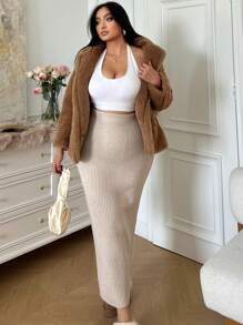 SHEIN EZwear 1 件大码优雅简约休闲罗纹针织裙，秋季