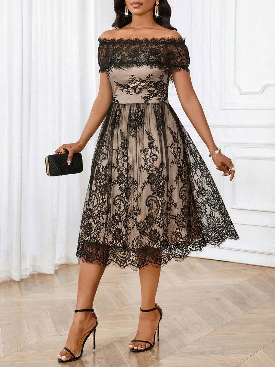 SHEIN Lady Four Seasons Navy Blue Long Sleeve Dress Lace Fabric Dress Ruffled Slim Fit Women's Short Dress