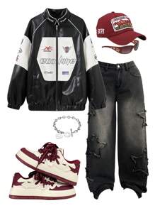 SHEIN EZwear 女士情侣装运动服皮革图案撞色赛车夹克 - 黑色 - 查看 1