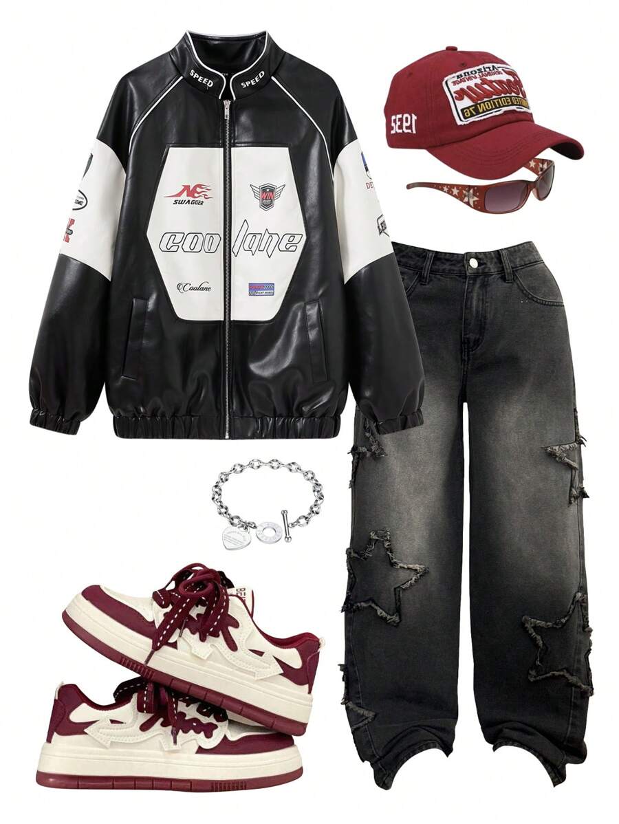 SHEIN EZwear Chaqueta de mujer estilo racing con bloques de color gráficos para trajes de pareja deportivos - Negro - Ver 1