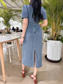 DAZY 西式水洗方领泡泡袖女式牛仔连衣裙，夏季 - 中等水洗藍 - 查看 2