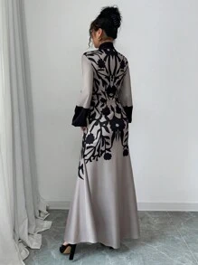 Rafferiza New Women's European And American Style Fitted Waist Long Lantern Sleeve V-Neck Color Block Print Dress Fall Cloth For Women - Apricot - View 2