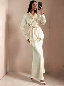 SHEIN Privé Elegant Autumn Cream Shawl Collar Cinched Waist Blazer & V-Waist Slim Fit Fishtail Skirt Suit Set,Minimalist Retro Light Luxury Office Dining,Winter - Apricot - View 10