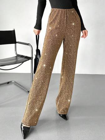 SHEIN Privé Fashionable Shiny High Waist Wide Leg Straight Pants, Metallic Knit Fabric, Elegant Casual Daily Wear, Versatile Party, Spring/Summer, Valentine's Day