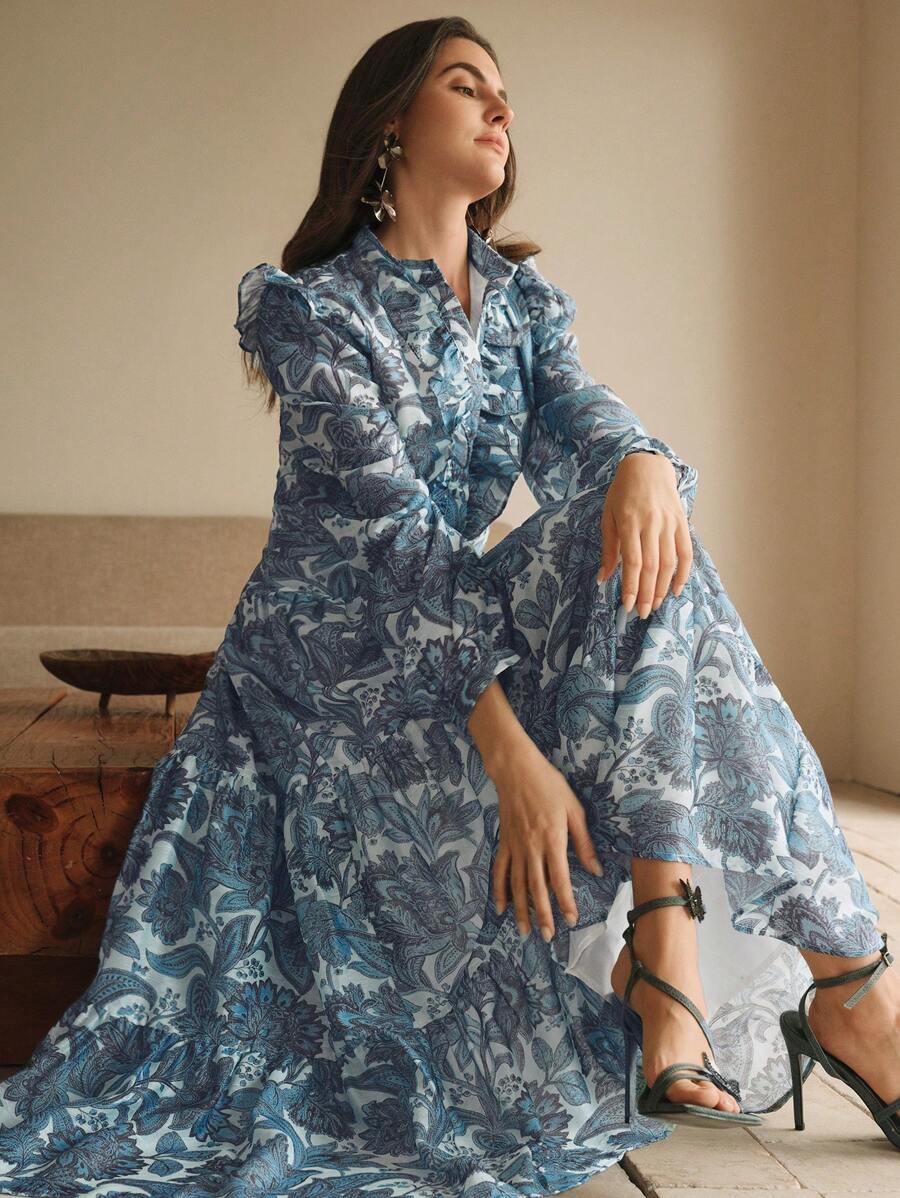 Anewsta 女式修身法式花卉印花连衣裙，带荷叶边下摆和灯笼袖，蓝色，度假夏季派对礼服，情人节 - 藍色 - 查看 1