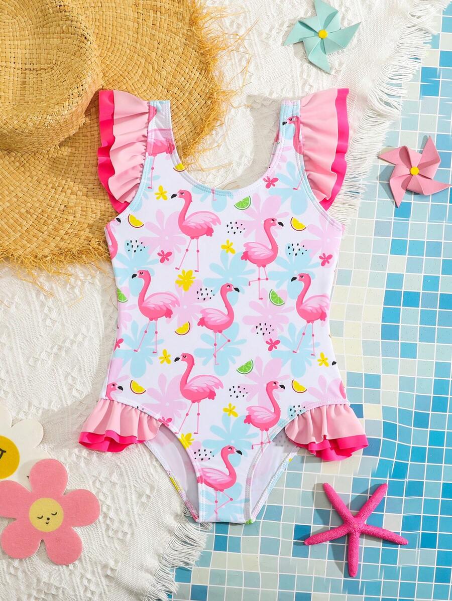 SHEIN Young Girl Flamingo Print Ruffle Trim One-Piece Swimsuit - Multicolor - View 1