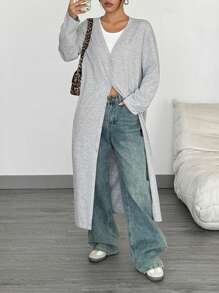 SHEIN EZwear 女士灰色针织长款休闲宽松薄外套，春季新品 - 灰色 - 查看 5