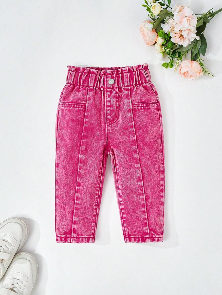 SHEIN Infant Girls' Fashionable Floral Waist Casual Wash Denim Jeans With Unique Distressed Details, Versatile Streetwear, 2025 Valentine's Day Essentials - Pink - View 1