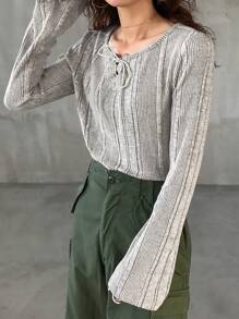 FRIFUL 女士灰色修身短款上衣，纹理针织圆领，带抽绳，春季长袖女式上衣 - 淺灰色 - 查看 6