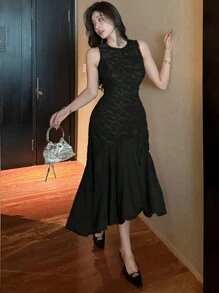 DAZY 女士纹理面料美人鱼下摆无袖连衣裙 舞会礼服 优雅吊带裙 鸡尾酒裙 - 黑色 - 查看 6