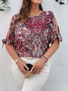 SHEIN LUNE Plus Size Full Print Tie Sleeve Blouse For Summer