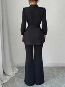 INAWLY Set de 2 piezas con chaqueta de manga farol de unicolor y pantalones anchos de pierna ancha, estilo elegante de oficinista