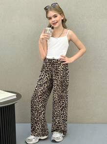 SHEIN Tween Girls Casual Streetwear Knit Camisole + Leopard Print & Ditsy Floral Wide Leg Pants 2 Pieces Set - Multicolor - View 5