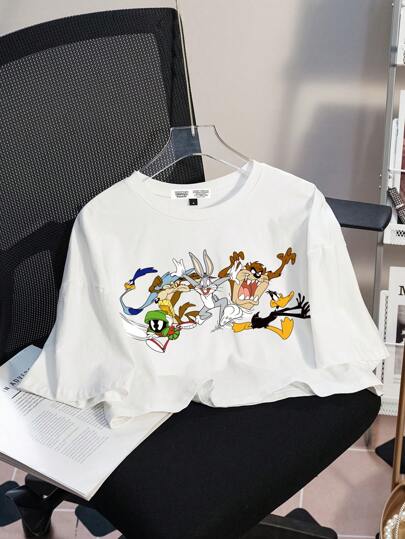LOONEY TUNES X SHEIN 女士卡通印花圆领短袖 T 恤