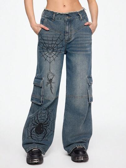 Goth Women's Punk-Style Washed Spider Printed Cargo Jeans Women's Concert Costumes, Rave Costumes, Carnival Costumes, Country Concert Costumes,Summer Outfits For Women