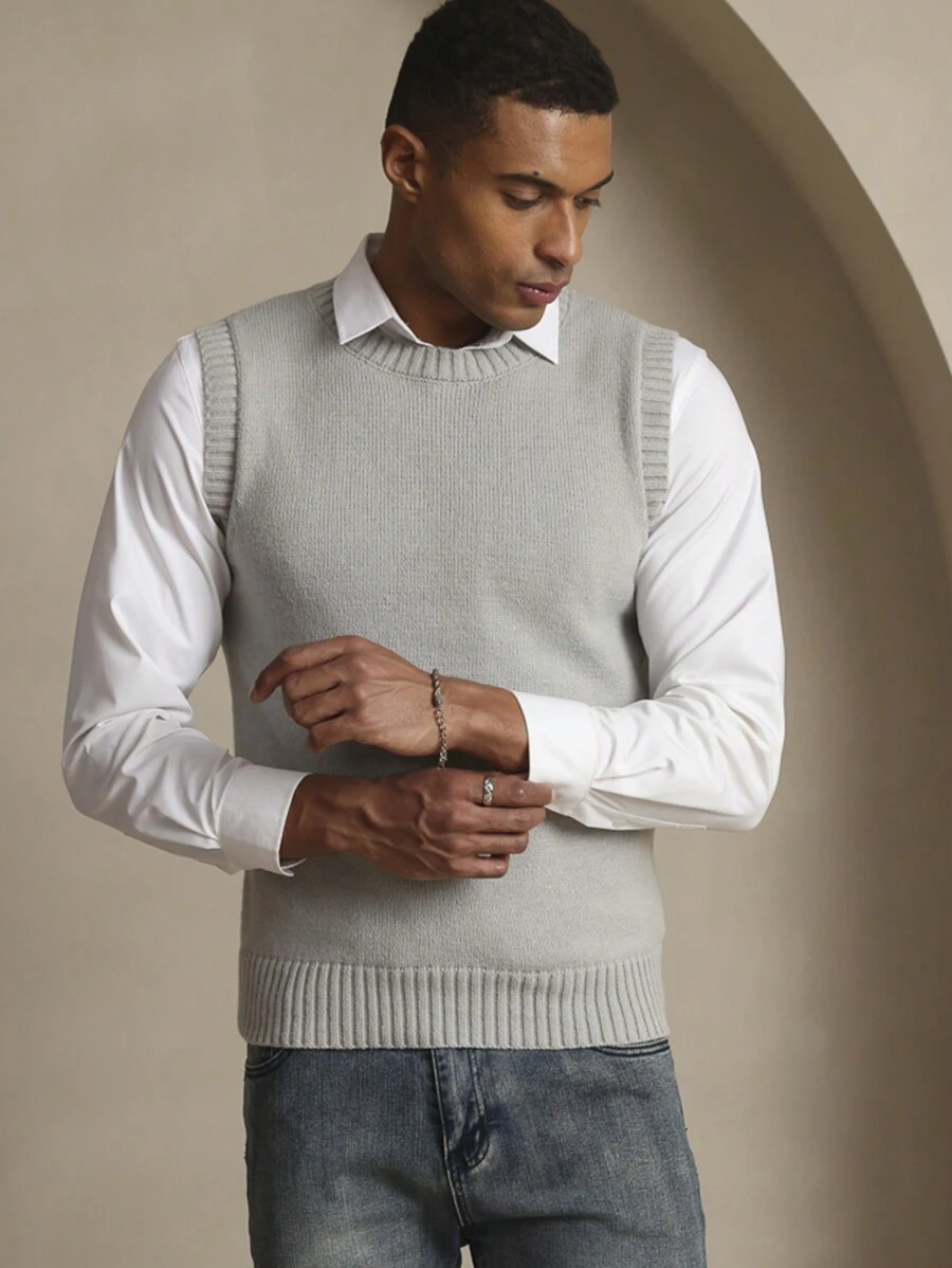 Manfinity Homme Men's Solid Color Crew Neck Sleeveless Knit Vest, Casual Everyday Wear
