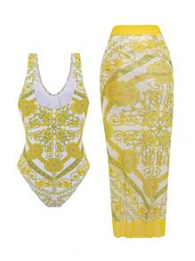 Swim Oasis 2pcs/Set Summer Beach Outfit Floral Print Backless Swimsuit With Wrap Skirt - Yellow - View 8