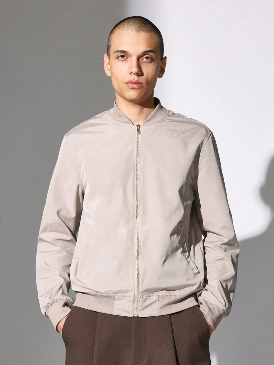 SUMWON Classic Lightweight Bomber Jacket All Season Baseball Style Zip Up Athletic Varsity Outerwear Ribbed Trim Casual Streetwear Essential - Khaki - View 1