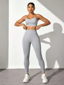 Slayform Conjunto deportivo de top sin espalda de halter y leggings para mujeres - Gris - Ver 6