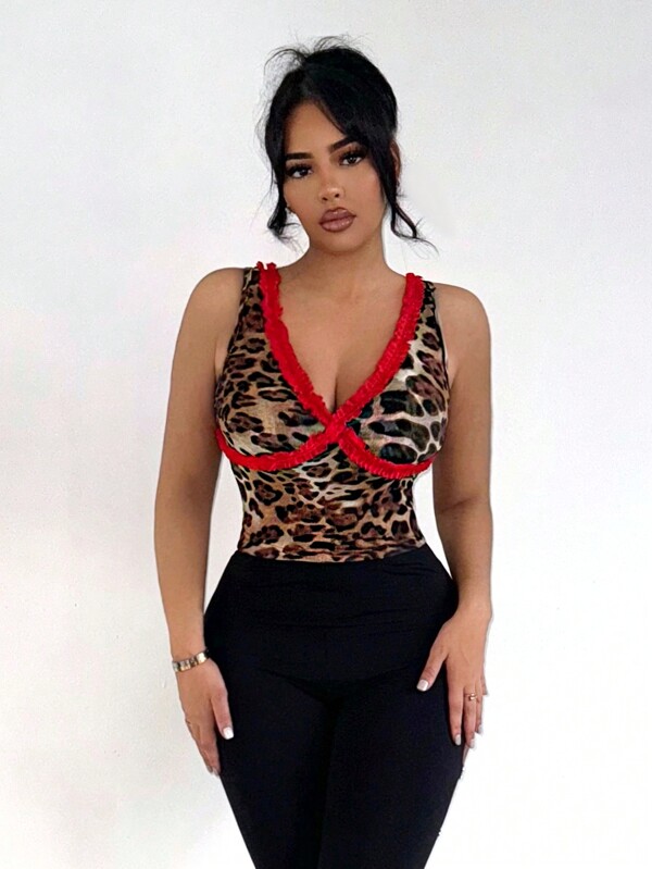 SHEIN SXY Women's Fashion Leopard Print Ruffle Edge Camisole,Valentine's Day,Summer,Cheetah Print,Leopard Print,Valentine's Day,Going Out Tops,Cute Tops,Going Out Tops Women,Old Money Style Women