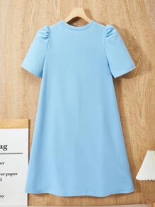 SHEIN 1 chiếc váy xếp ly tay ngắn trang trí nơ 3D cho bé gái tuổi mới lớn, dáng rộng, mùa xuân/hè - Màu xanh nhạt - Xem 2