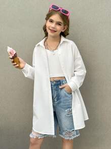 Tween 女童休闲街头时尚宽松长袖衬衫上衣 - 白色 - 查看 2