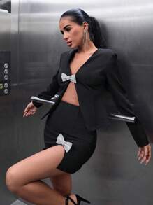 EURMUSE Elegant Style, Shinny Bow Detailed Mini Skirt And Jacket Outfit - Black - View 1