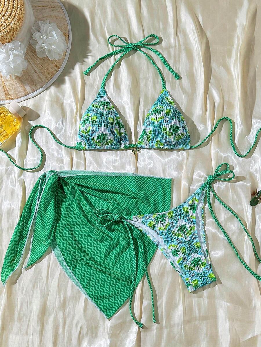 SHEIN Swim Bộ trang phục đi biển mùa hè 3 món cho nữ, áo ngực hở lưng, áo tankini ren hai bên họa tiết cây cọ, quần bikini buộc dây hai bên, váy đi biển xẻ tà buộc dây, phong cách lễ hội Boho - màu xanh lá - Xem 1