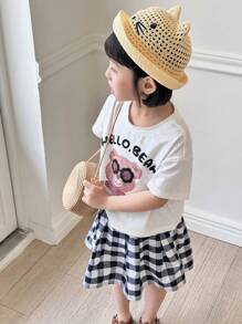 DAZY 年轻女孩 2 件套休闲卡通熊印花圆领短袖 T 恤和格子迷你裙，夏季 - 白色 - 查看 5