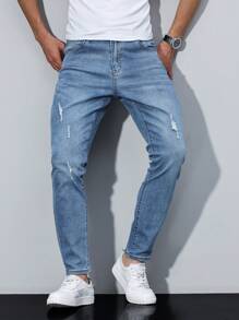 Manfinity Homme 男式休闲破洞锥形洗水牛仔裤 - 淺色水洗藍 - 查看 3