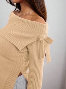 SHEIN Unity Women's Elegant Off Shoulder Split Knit Sweater, Casual For Autumn/Winter Knit Pullover Fall Sweater - Apricot - View 6