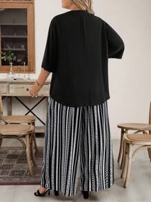 SHEIN CURVE+ Plus Size Women 2 Pieces Set Black V-Neck Short Sleeve Top And All-Over Printed Pants, Casual Holiday Outfit, Spring And Autumn,Holiday Outfits Boho