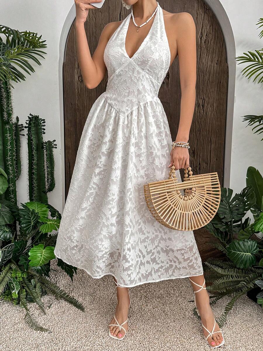 Breezaya Backless Low-Cut Neck Fitted Summer Dress - White - View 1