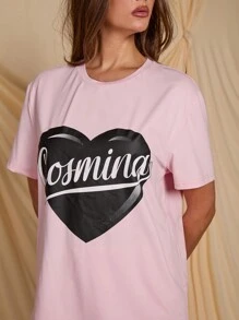 COSMINA Women's Round Neck Short Sleeve Heart & Letter Print Casual Simple Top, Everyday Wear - Multicolor - View 7