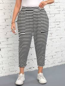 SHEIN LUNE Plus Size Women's Valentine's Day High Waisted Black And White Striped Pocket Design Women's Sweatpants
