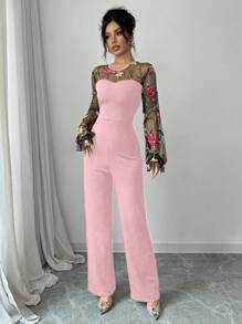 Elenzga Combinaison élégante pour femmes avec manches lanternes, patchwork de maille brodée de fleurs, pour soirée