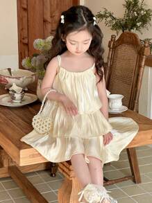 DAZY Vestido elegante de niña con tirantes de espagueti y pliegues de unicolor, conjunto de ropa de verano para niñas