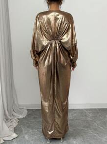 Calvaya Vestido ajustado elegante y sexy de mujer con cuello redondo, manga larga, plisado en la cintura y unicolor