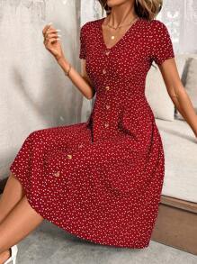 SHEIN Clasi V领纽扣红色圆点腰收腰女式连衣裙，春季服装，情人节连衣裙 - 紅色 - 查看 3